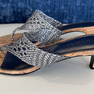 Ralph Lauren, 2” cork bottom Sandals, Metallic Kidskin/Silver